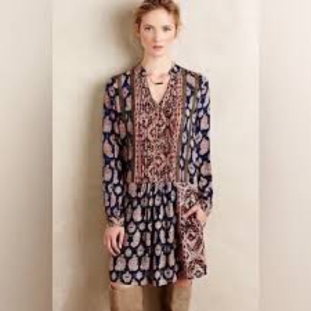 Anthropologie Tiny Parquerette long sleeve Shirt Dress Pintuck Bohemian Lace XS